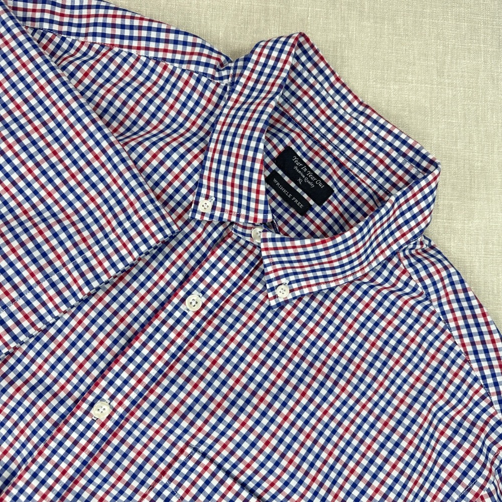 Red White Blue Gingham Wrinkle Free Year In Year Out XL Mens Short Sleeve Shirt